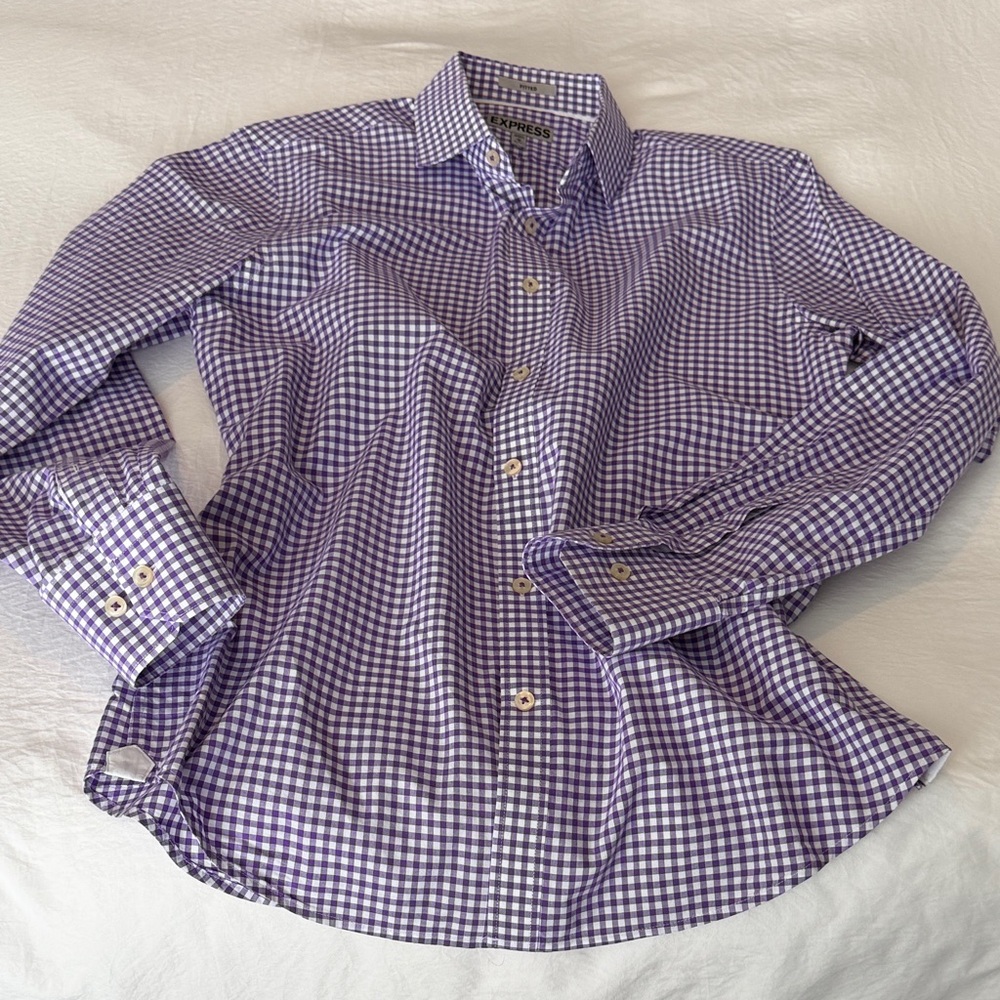 Express Men's Purple Gingham Button-Down Shirt - Picture 2 of 6